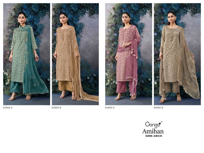 Amihan 2806 By Ganga Cotton Satin Printed Embroidery Dress Material Online Wholesale